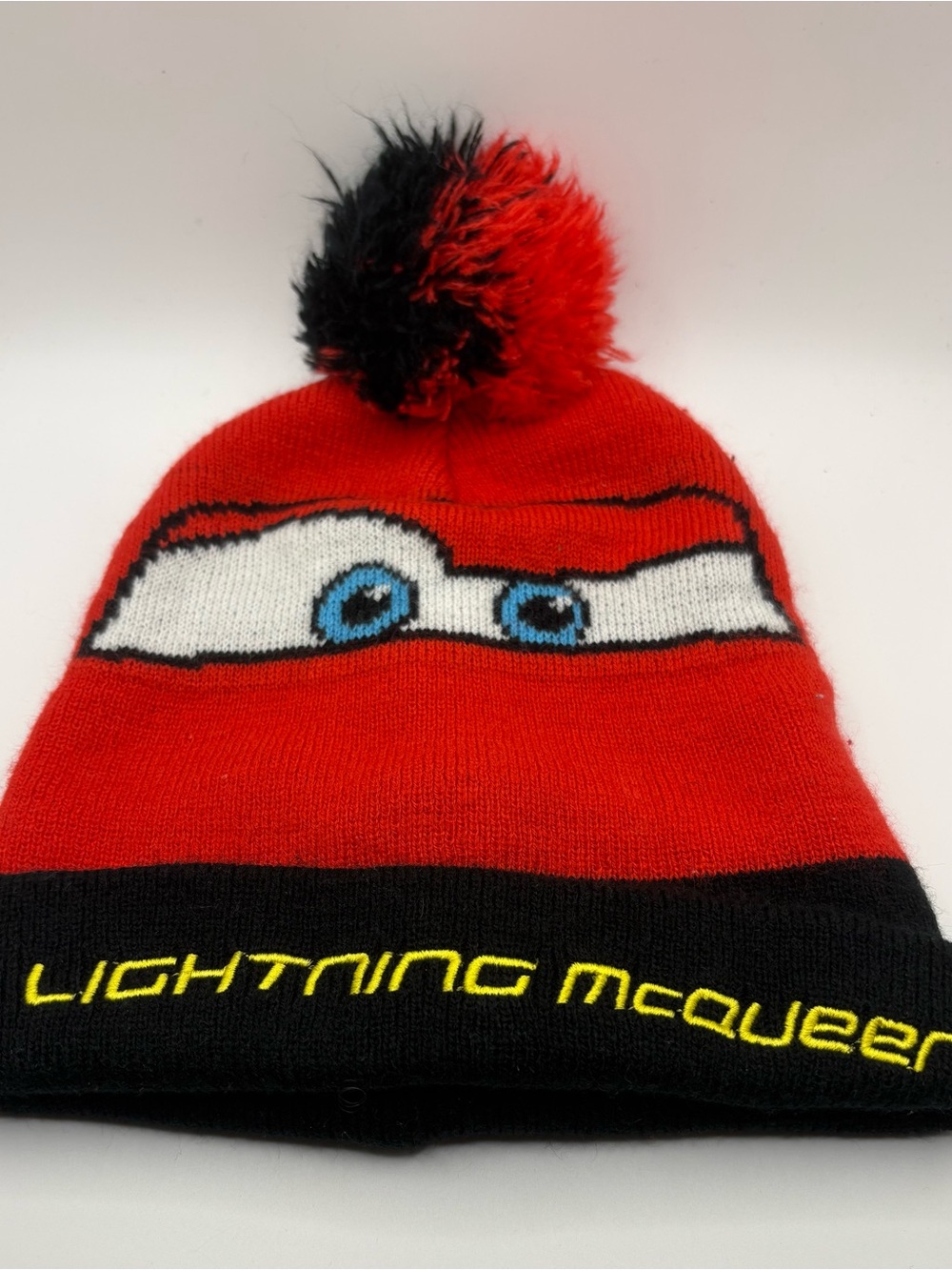 Disney Pixar Cars Lightning McQueen Toddler Knit Beanie Hat Red Black Pom Pom